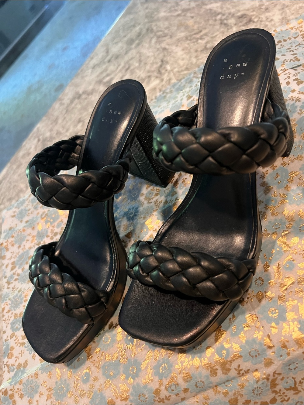 a new day Black Braided Double-Strap Block Heel Mules